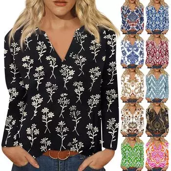 Женская футболка Футболка с длинным рукавом Повседневные выходные Мода Классический V-образный вырез Ретро-принт Обычный топ L синий