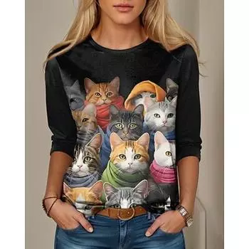 Женская футболка Футболка с котом 3D Повседневные выходные Черный Серый с принтом Длинный рукав Модная забавная футболка с круглым вырезом Обычный крой Весна и осень S