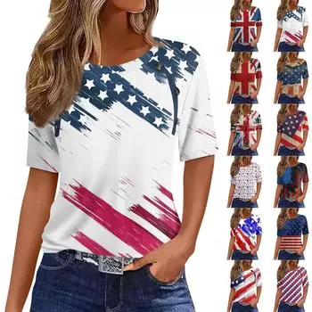 Женская футболка Футболка с принтом «День независимости» и пуговицами С коротким рукавом Повседневные Выходные Мода Классический Круглый вырез Обычный топ L синий