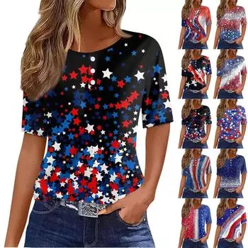 Женская футболка Футболка с принтом «День независимости» и пуговицами С коротким рукавом Повседневные Выходные Мода Классический Круглый вырез Обычный топ L чёрный