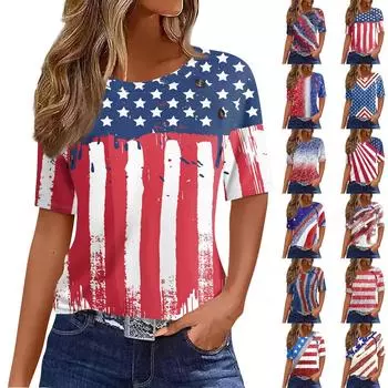 Женская футболка Футболка с принтом «День независимости» и пуговицами С коротким рукавом Повседневные Выходные Мода Классический Круглый вырез Обычный топ L синий
