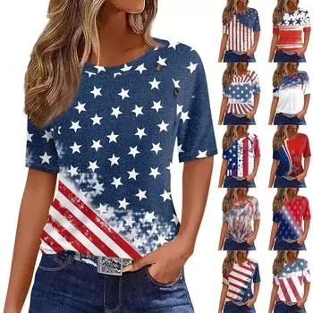 Женская футболка Футболка с принтом «День независимости» и пуговицами С коротким рукавом Повседневные Выходные Мода Классический Круглый вырез Обычный топ L синий