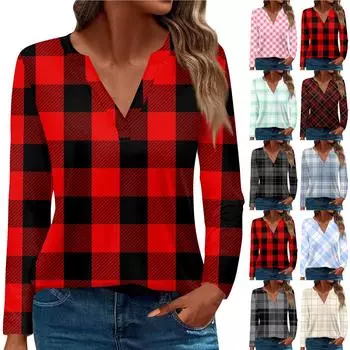 Женская футболка Футболка с принтом и длинным рукавом Повседневные выходные Мода Базовый топ с V-образным вырезом Обычный топ L темно-зеленого