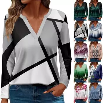 Женская футболка Футболка с принтом и длинным рукавом Повседневные выходные Мода Базовый топ с V-образным вырезом Обычный топ XL