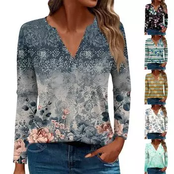 Женская футболка Футболка с принтом и длинным рукавом Повседневные выходные Мода Базовый топ с V-образным вырезом Обычный топ XXXL