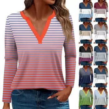 Женская футболка Футболка с принтом и длинным рукавом Повседневные выходные Мода Базовый топ с V-образным вырезом Обычный топ L синий