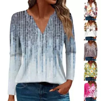 Женская футболка Футболка с принтом и длинным рукавом Повседневные выходные Мода Базовый топ с V-образным вырезом Обычный топ XXXL