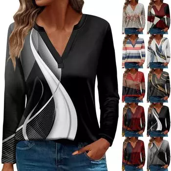 Женская футболка Футболка с принтом и длинным рукавом Повседневные выходные Мода Базовый топ с V-образным вырезом Обычный топ M