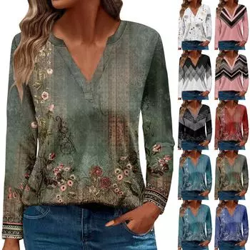 Женская футболка Футболка с принтом и длинным рукавом Повседневные выходные Мода Базовый топ с V-образным вырезом Обычный топ XL белый