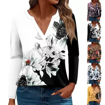 Женская футболка Футболка с принтом и длинным рукавом Повседневные выходные Мода Базовый топ с V-образным вырезом Обычный топ S белый