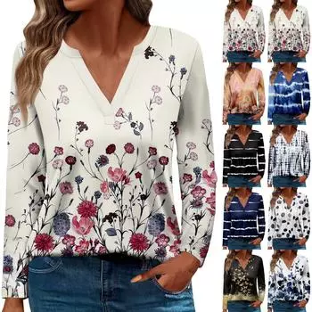 Женская футболка Футболка с принтом и длинным рукавом Повседневные выходные Мода Базовый топ с V-образным вырезом Обычный топ XL