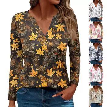 Женская футболка Футболка с принтом и длинным рукавом Повседневные выходные Мода Базовый топ с V-образным вырезом Обычный топ XXXL розовый