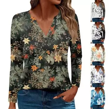 Женская футболка Футболка с принтом и длинным рукавом Повседневные выходные Мода Базовый топ с V-образным вырезом Обычный топ S синий