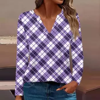 Женская футболка Футболка с принтом и длинным рукавом Повседневные выходные Мода Базовый топ с V-образным вырезом Обычный топ XL фиолетовый