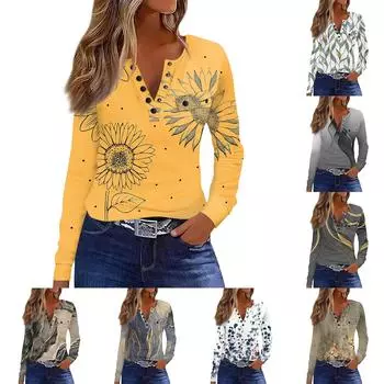 Женская футболка Футболка с принтом и пуговицами Длинный рукав Декоративные карманы Повседневные Выходные Мода Классический Классический Топ L верблюд