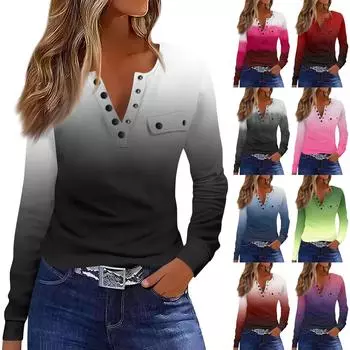 Женская футболка Футболка с принтом и пуговицами Длинный рукав Декоративные карманы Повседневные Выходные Мода Классический Классический Топ XXXL чёрный