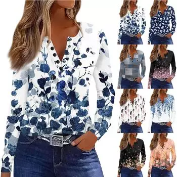 Женская футболка Футболка с принтом и пуговицами Длинный рукав Декоративные карманы Повседневные Выходные Мода Классический Классический Топ XXXL