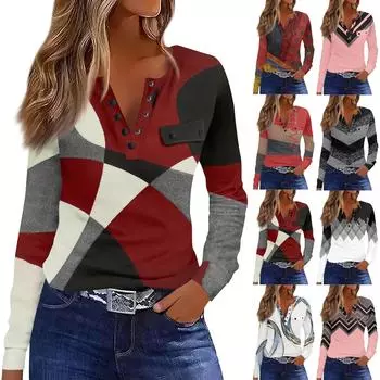 Женская футболка Футболка с принтом и пуговицами Длинный рукав Декоративные карманы Повседневные Выходные Мода Классический Классический Топ L