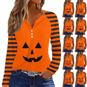 Женская футболка Футболка с принтом на Хэллоуин и пуговицами Длинный рукав Рукав реглан Повседневные Выходные Мода Классический Топ с v-образным вырезом Обычный Топ XL имбирный
