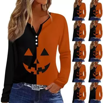 Женская футболка Футболка с принтом на Хэллоуин и пуговицами Длинный рукав Рукав реглан Повседневные Выходные Мода Классический Топ с v-образным вырезом Обычный Топ L золотой