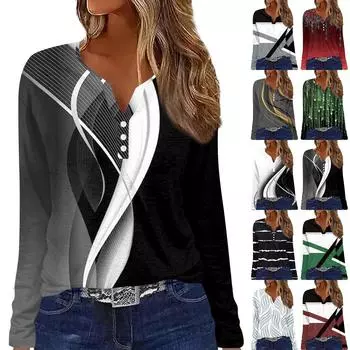 Женская футболка Футболка с принтом на пуговицах Длинный рукав Повседневные Выходные Мода Базовый топ с v-образным вырезом Обычный Топ L зелёный