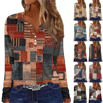 Женская футболка Футболка с принтом на пуговицах Длинный рукав Повседневные Выходные Мода Базовый топ с v-образным вырезом Обычный Топ XXL оранжевый