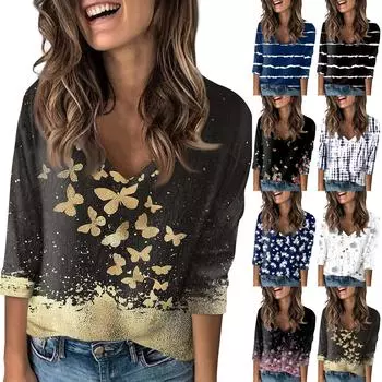 Женская футболка Футболка с принтом, ниспадающий рукав, рукав 3/4, Повседневные, выходные, модный, базовый, с v-образным вырезом, обычный топ L