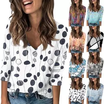 Женская футболка Футболка с принтом, ниспадающий рукав, рукав 3/4, Повседневные, выходные, модный, базовый, с v-образным вырезом, обычный топ L чёрный
