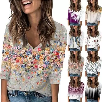 Женская футболка Футболка с принтом, ниспадающий рукав, рукав 3/4, Повседневные, выходные, модный, базовый, с v-образным вырезом, обычный топ L чёрный