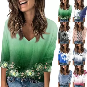 Женская футболка Футболка с принтом, ниспадающий рукав, рукав 3/4, Повседневные, выходные, модный, базовый, с v-образным вырезом, обычный топ L синий