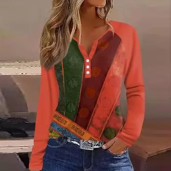 Женская футболка Футболка с принтом Пуговицы Длинный рукав Рукав реглан Повседневные Выходные Мода Классический V-образный вырез Обычный Топ S красный