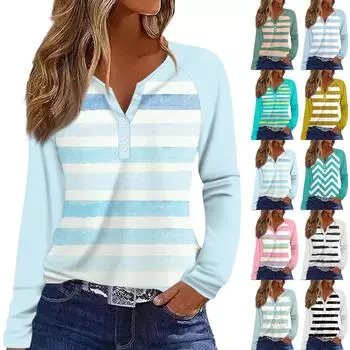 Женская футболка Футболка с принтом Пуговицы Длинный рукав Рукав реглан Повседневные Выходные Мода Классический V-образный вырез Обычный Топ L чёрный