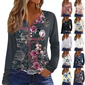 Женская футболка Футболка с принтом Пуговицы Длинный рукав Рукав реглан Повседневные Выходные Мода Классический V-образный вырез Обычный Топ L синий