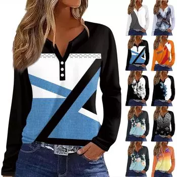 Женская футболка Футболка с принтом Пуговицы Длинный рукав Рукав реглан Повседневные Выходные Мода Классический V-образный вырез Обычный Топ XXL чёрный