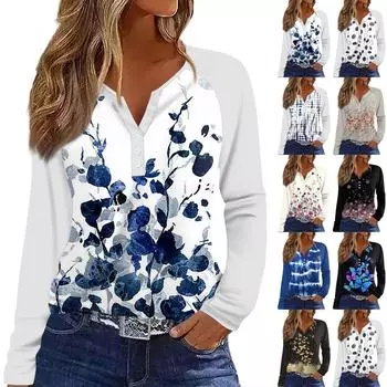 Женская футболка Футболка с принтом Пуговицы Длинный рукав Рукав реглан Повседневные Выходные Мода Классический V-образный вырез Обычный Топ XXL чёрный