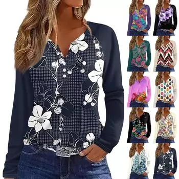 Женская футболка Футболка с принтом Пуговицы Длинный рукав Рукав реглан Повседневные Выходные Мода Классический V-образный вырез Обычный Топ S тёмно-синий