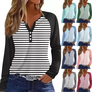 Женская футболка Футболка с принтом Пуговицы Длинный рукав Рукав реглан Повседневные Выходные Мода Классический V-образный вырез Обычный Топ S