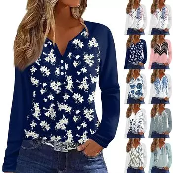 Женская футболка Футболка с принтом Пуговицы Длинный рукав Рукав реглан Повседневные Выходные Мода Классический V-образный вырез Обычный Топ M