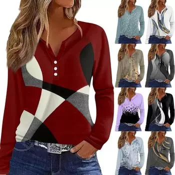 Женская футболка Футболка с принтом Пуговицы Длинный рукав Рукав реглан Повседневные Выходные Мода Классический V-образный вырез Обычный Топ XXXL красный