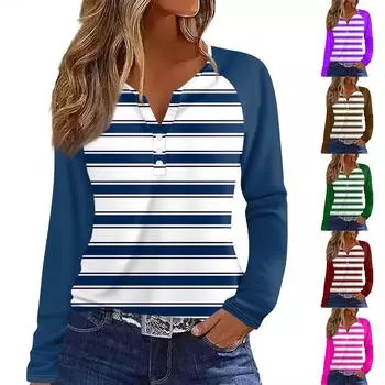 Женская футболка Футболка с принтом Пуговицы Длинный рукав Рукав реглан Повседневные Выходные Мода Классический V-образный вырез Обычный Топ XL