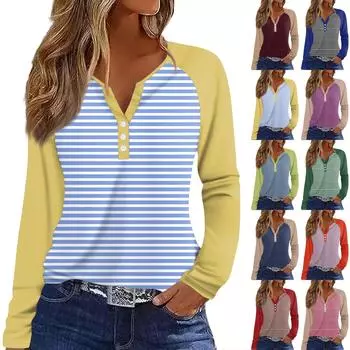 Женская футболка Футболка с принтом Пуговицы Длинный рукав Рукав реглан Повседневные Выходные Мода Классический V-образный вырез Обычный Топ L зелёный