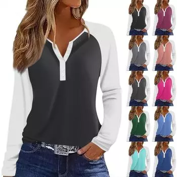 Женская футболка Футболка с принтом Пуговицы Длинный рукав Рукав реглан Повседневные Выходные Мода Классический V-образный вырез Обычный Топ M чёрный