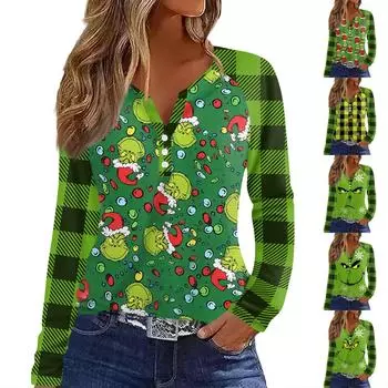 Женская футболка Футболка с принтом Пуговицы Длинный рукав Рукав реглан Повседневные Выходные Мода Классический V-образный вырез Обычный Топ XXXL чёрный