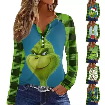 Женская футболка Футболка с принтом Пуговицы Длинный рукав Рукав реглан Повседневные Выходные Мода Классический V-образный вырез Обычный Топ S зелёный