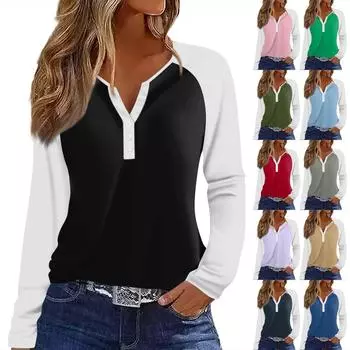 Женская футболка Футболка с принтом Пуговицы Длинный рукав Рукав реглан Повседневные Выходные Мода Классический V-образный вырез Обычный Топ L чёрный