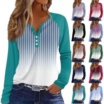 Женская футболка Футболка с принтом Пуговицы Длинный рукав Рукав реглан Повседневные Выходные Мода Классический V-образный вырез Обычный Топ L чёрный