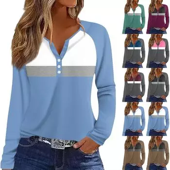 Женская футболка Футболка с принтом Пуговицы Длинный рукав Рукав реглан Повседневные Выходные Мода Классический V-образный вырез Обычный Топ S зелёный