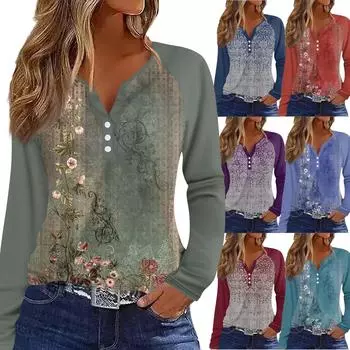 Женская футболка Футболка с принтом Пуговицы Длинный рукав Рукав реглан Повседневные Выходные Мода Классический V-образный вырез Обычный Топ S фиолетовый