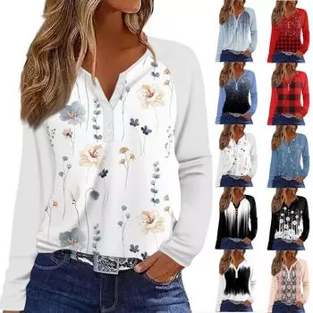 Женская футболка Футболка с принтом Пуговицы Длинный рукав Рукав реглан Повседневные Выходные Мода Классический V-образный вырез Обычный Топ L розовый