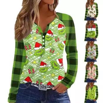 Женская футболка Футболка с принтом Пуговицы Длинный рукав Рукав реглан Повседневные Выходные Мода Классический V-образный вырез Обычный Топ L